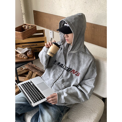 PLTH*美式喷绘标签做旧字母双拉链连帽卫衣男宽松休闲开衫上衣潮