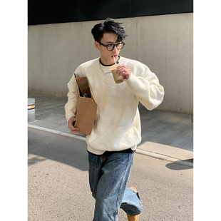 PLTH 冬日暖男基础植绒羊毛慵懒ins风男简约百搭假两件毛衣针织衫