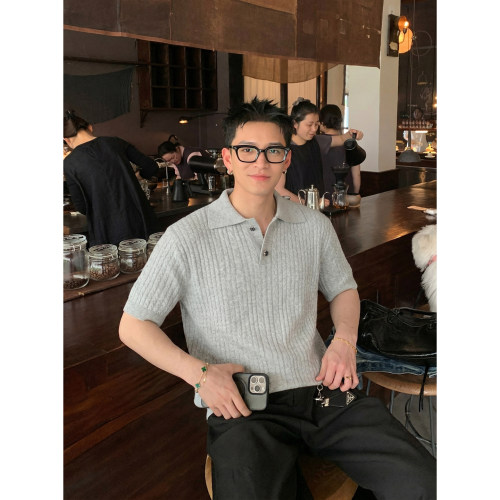 PLTH*美式复古纯色绞花针织Polo衫男夏季短袖翻领休闲慵懒上衣潮