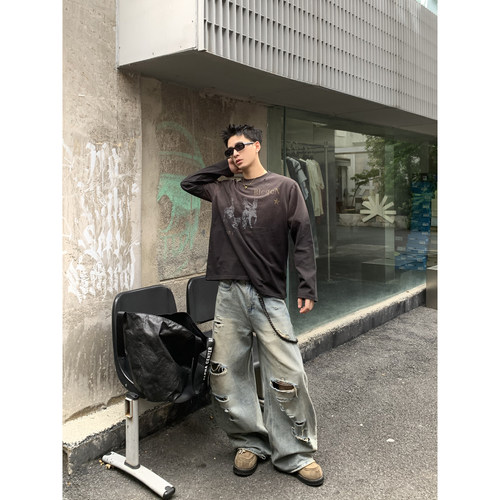 PLTH*美式复古水洗做旧长袖T恤西部牛仔印花破洞宽松圆领打底上衣
