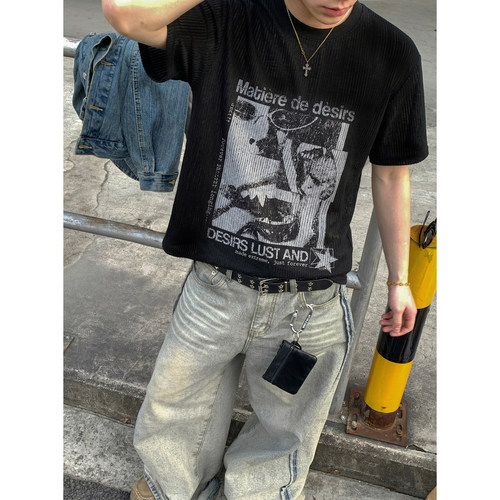 PLTH*美式复古暗黑风做旧人像印花坑条短袖T恤男高街宽松半袖上衣