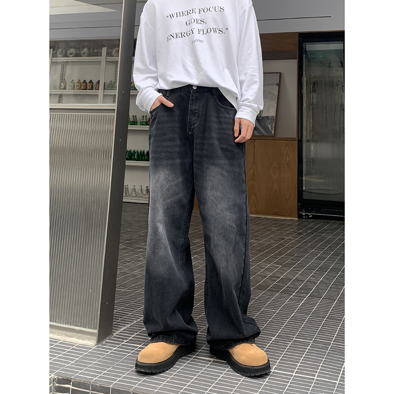 PLTH*直筒宽松水洗做旧长裤百搭显腿长韩系街头时尚男加绒牛仔裤