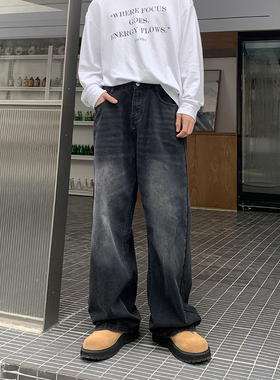 PLTH*直筒宽松水洗做旧长裤百搭显腿长韩系街头时尚男加绒牛仔裤