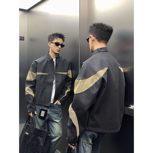PLTH*美式解构拼接立领短款休闲皮衣男高街小众复古机车夹克外套