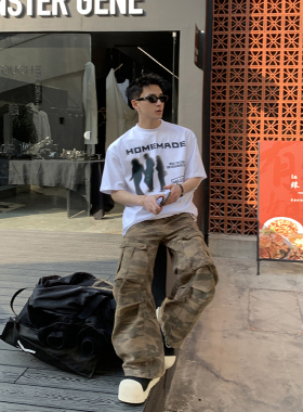 PLTH*美式重磅剪影人物印花短袖男潮牌圆领半袖宽松情侣休闲T恤潮