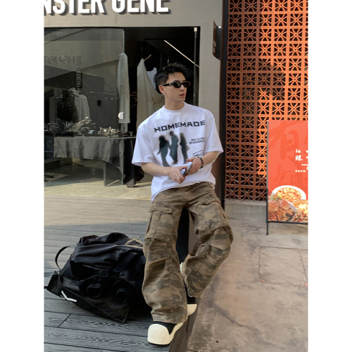 PLTH*美式重磅剪影人物印花短袖男潮牌圆领半袖宽松情侣休闲T恤潮