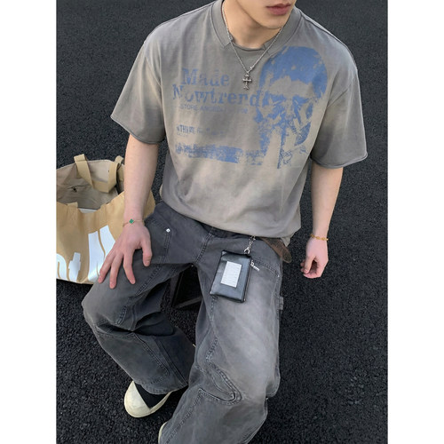 PLTH*夏季美式复古做旧印花T恤男宽松重磅圆领街头休闲半袖上衣潮