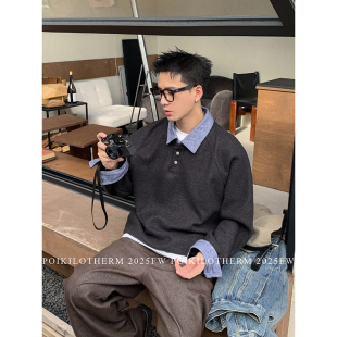 男百搭高级感亨利领上衣潮 假两件牛仔拼接加绒卫衣长袖 PLTH 美式