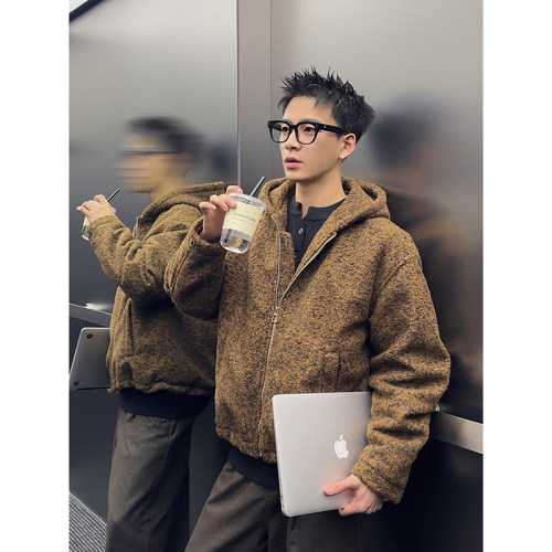 PLTH*美式秋冬简约纯色毛呢boxy短宽重磅保暖休闲连帽廓形卫衣男