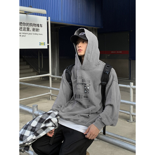 PLTH*美式复古商标印花连帽卫衣男女秋装宽松百搭重磅休闲上衣潮