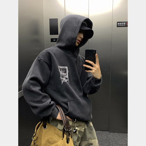 PLTH*美式高街水洗做旧贴布印花重磅宽松休闲上衣春款连帽卫衣男