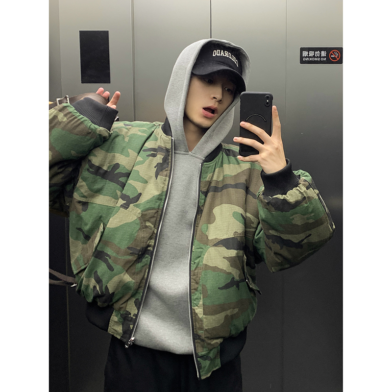 PLTH*冬季美式飞行员两面穿迷彩boomber棉服男女宽松保暖厚实外套