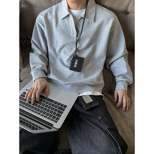 上衣男 简约cleanfit纯色假两件翻领卫衣高级感重磅长袖 PLTH 美式