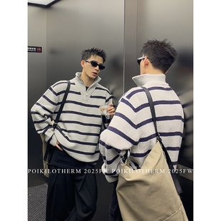 老钱风慵懒针织衫 复古条纹拉链立领毛衣男秋冬新款 上衣 美式 PLTH