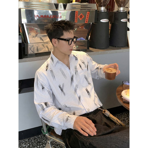 PLTH*美式街头手绘涂鸦竖条纹衬衫男宽松艺术感长袖衬衣叠穿上衣