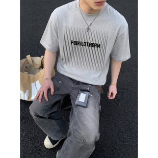 T恤男宽松高街半袖 复古简约条纹字母印花圆领短袖 上衣潮 美式 PLTH