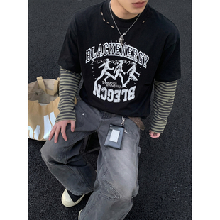 复古运动印花休闲宽松潮流长袖 PLTH 假两件条纹做旧破洞T恤男美式