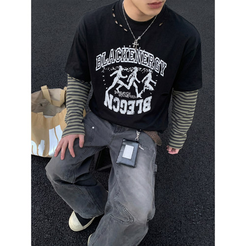 PLTH*假两件条纹做旧破洞T恤男美式复古运动印花休闲宽松潮流长袖