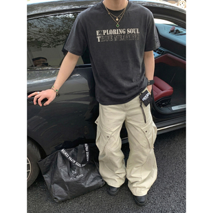 夏季 复古做旧水洗宽松休闲短款 短款 男美式 T恤潮 做旧磨破短袖 PLTH