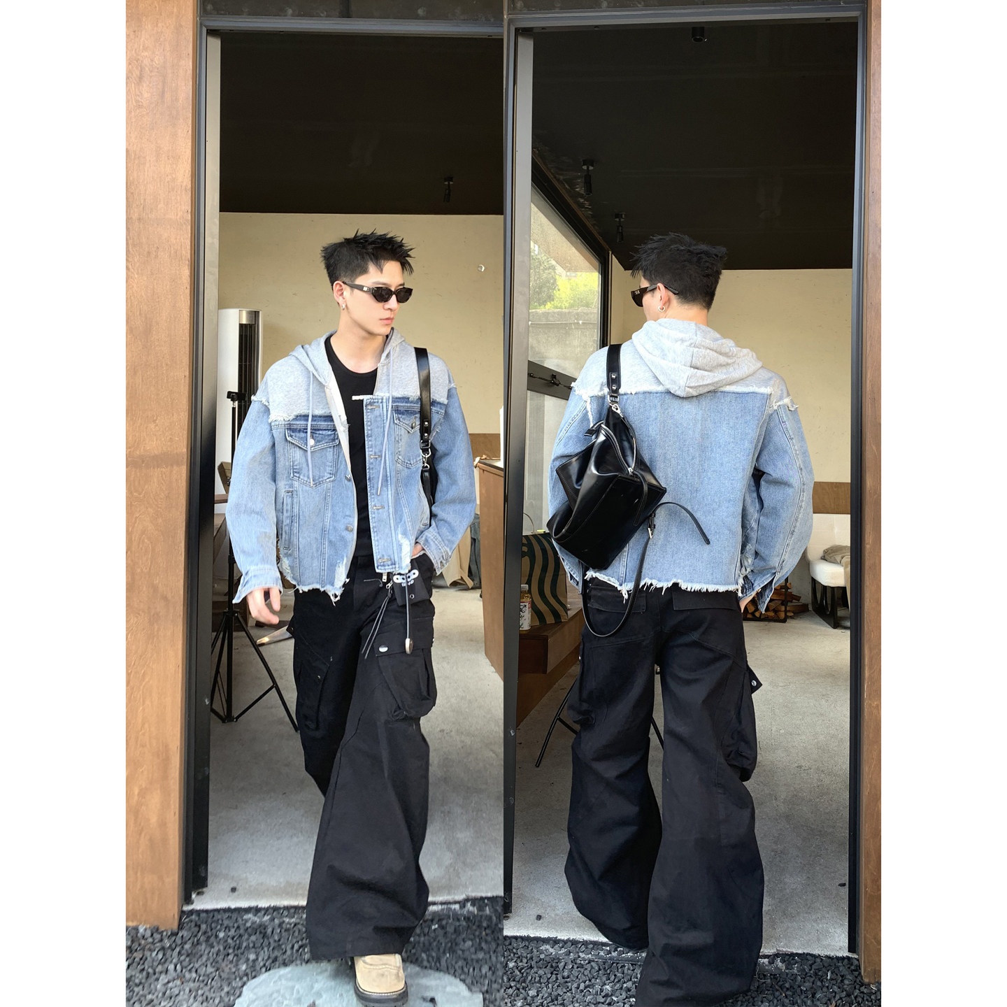 PLTH*美式复古假两件拼接牛仔外套男连帽卫衣毛边破洞牛仔上衣潮