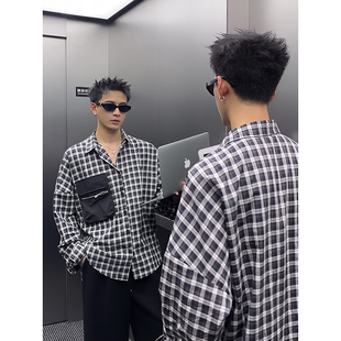 男春季 PLTH 衬衫 复古撞色休闲格子长袖 宽松口袋拉链百搭外套 美式