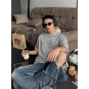 街头渐变做旧假两件T恤男字母印花oversize短袖 美式 上衣 夏季 PLTH