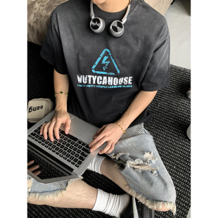 休闲复古男短袖 PLTH 喷马骝重磅水洗渐变宽松美式 新品 T恤潮牌 夏季