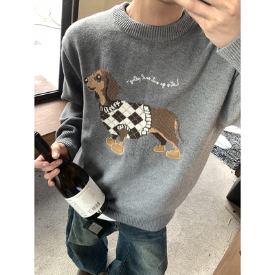 PLTH*腊肠狗圆领套头毛衣男冬季慵懒宽松百搭针织衫加厚保暖毛衣