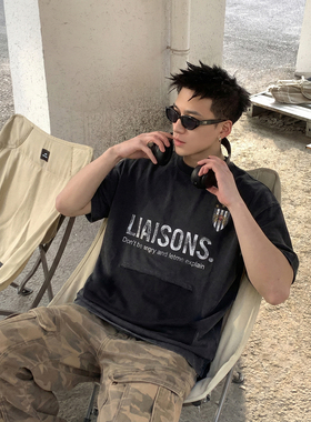 PLTH*美式复古做旧水洗短袖男女夏季解构假口袋设计高克重300gT恤