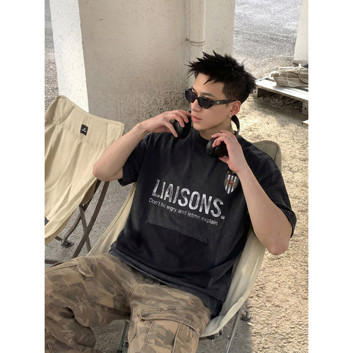 PLTH*美式复古做旧水洗短袖男女夏季解构假口袋设计高克重300gT恤