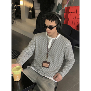 百搭基础款 PLTH 男T恤休闲通勤打底衫 复古条纹亨利领长袖 上衣 春季