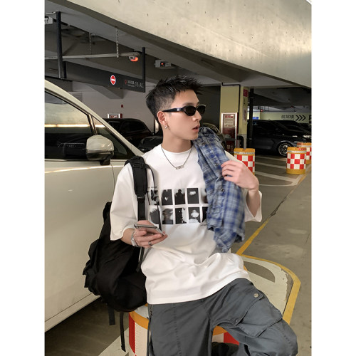 PLTH*韩系复古265g纯棉小领口宽松日常通勤经典简约百搭印花T恤男