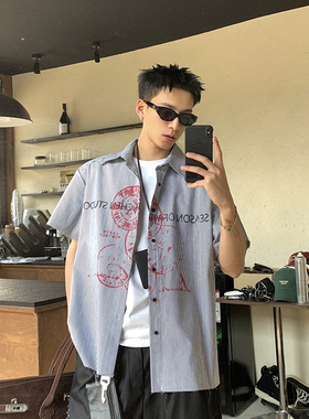 PLTH*美式高街条纹印花短袖衬衫男夏季潮牌痞帅宽松休闲半袖衬衣