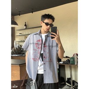 PLTH*美式高街条纹印花短袖衬衫男夏季潮牌痞帅宽松休闲半袖衬衣