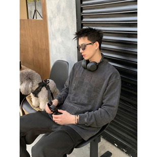 男春季 复古贴布绣像素印花长袖 宽松潮牌T恤情侣休闲上衣 美式 PLTH