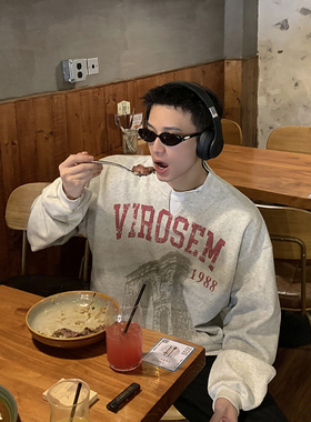 PLTH*领口假两件做旧印花宽松美式复古休闲百搭长袖秋季卫衣男女