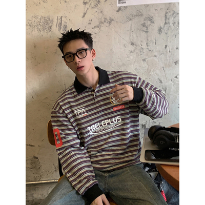 PLTH*春款美式复古条纹Polo衫男长袖翻领休闲上衣街头宽松情侣潮
