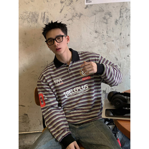 PLTH*春款美式复古条纹Polo衫男长袖翻领休闲上衣街头宽松情侣潮
