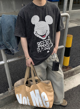 PLTH*美式古着风水洗做旧米奇印花T恤男复古潮牌宽松休闲百搭短袖