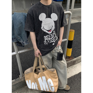 PLTH*美式古着风水洗做旧米奇印花T恤男复古潮牌宽松休闲百搭短袖