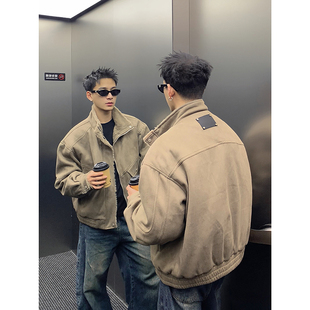 PLTH*复古立领短款麂皮拼接毛毛夹克棉服男冬季宽松工装美式外套