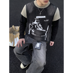 T恤男街头风撞色拼接印花上衣潮 复古做旧水洗假两件长袖 PLTH 美式