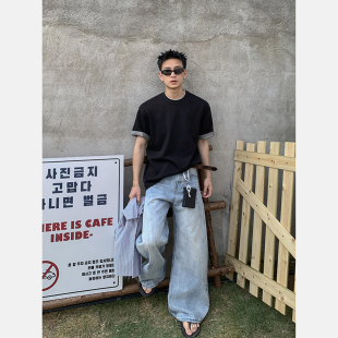 复古格子拼接短袖 美式 T恤男假两件老钱风设计感休闲上衣 夏季 PLTH