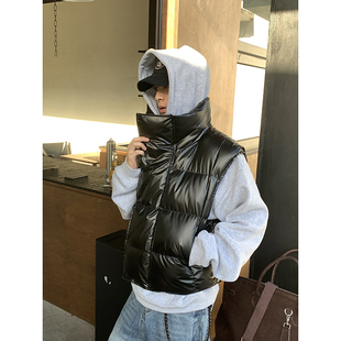 PLTH*短款显高魔术贴方块格子马甲男立领亮面加厚蓬松坎肩背心女