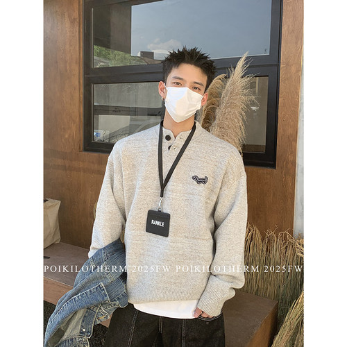 PLTH*秋冬慵懒刺绣腊肠狗套头亨利领毛衣男高级感软糯加厚针织衫