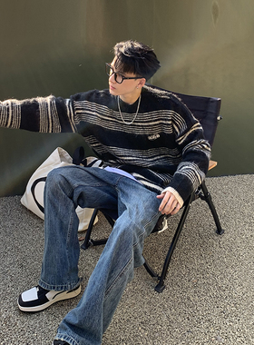 PLTH *冬季慵懒风条纹软糯宽松日常百搭松软马海毛圆领套头毛衣男