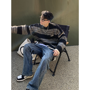 PLTH 慵懒风条纹软糯宽松日常百搭松软马海毛圆领套头毛衣男 冬季