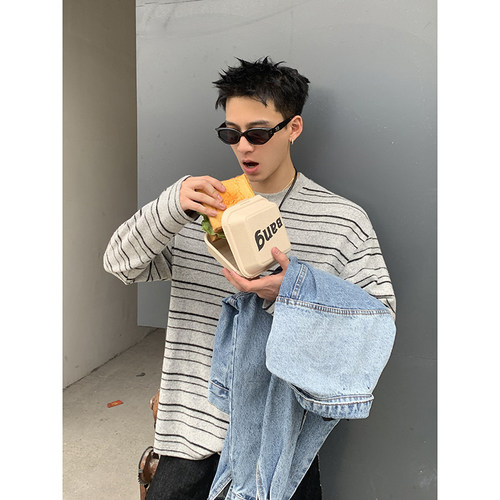 PLTH*新款慵懒感圆领撞色条纹糯叽叽长袖休闲百搭针织上衣潮