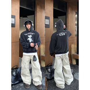 PLTH 复古做旧人像印花水洗加绒防风连帽卫衣男慵懒套头上衣 美式