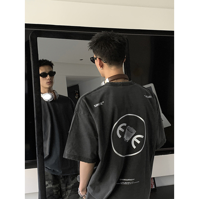 PLTH*美式重磅水洗做旧小领口宽松休闲版型原创简约小众印花T恤男